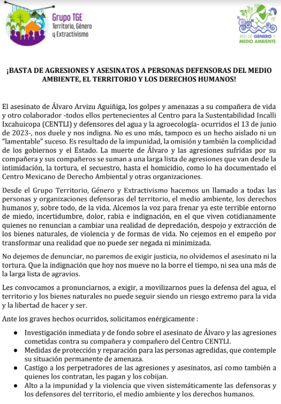 BajoTierraMu's tweet photo. Pronunciamiento: Alto a las agresiones a defensoras y defensores del #agua en #México a propósito del asesinato de #ÁlvaroAguiñiga y agresiones a sus compañeros de #CENTLI #JusticiaParaÁlvaro 
#NoHayJusticiaClimáticaSinDerechosHumanos https://t.co/HUr4UbaqfY