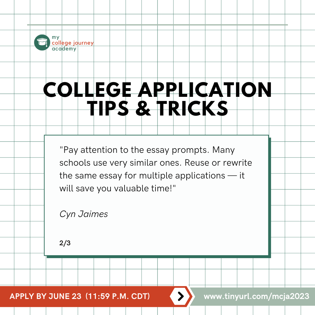 mcjairving's tweet photo. We have another college application tip! Tweaking your essays to answer common prompts saves time, just make sure that each essay mentions the specific program or school you're applying to!

Here is a link to our application, which ends in 2 days!
https://t.co/Mbiv74pKeC https://t.co/VjFexkdxmI