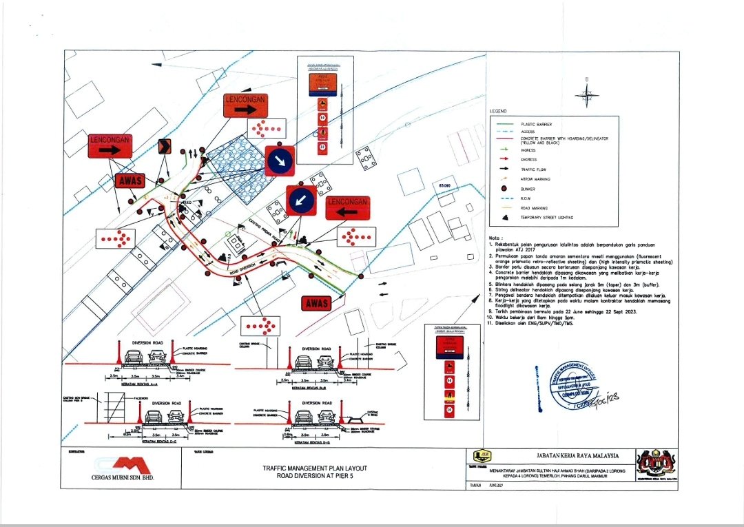 NOTIS PEMBERITAHUAN

LENCONGAN JALAN DI KG. TEBAL BAGI KERJA-KERJA PEMBINAAN TWIN RIB JAMBATAN SULTAN HAJI AHMAD SHAH TEMERLOH

TARIKH PELAKSANAAN : 22 JUN 2023-22 SEPTEMBER 2023

SEBARANG KESULITAN AMATLAH DIKESALI