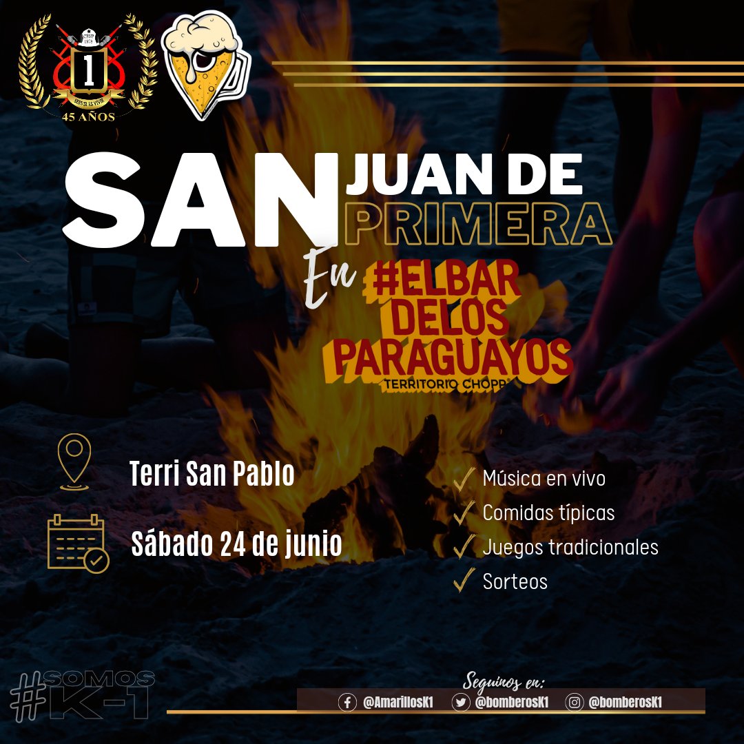 San Juan dice que sí y es que nos unimos al 𝗦𝗔𝗡 𝗝𝗨𝗔𝗡 𝗔𝗥𝗔 de <a href="/territoriochopp/">El Bar De Los Paraguayos</a> San Pablo, en donde tendremos un stand🔥🍻

Además de las deliciosas comidas típicas, entretenidos juegos, habrá un tributo a Soda Stereo y Cerati con @dynamoestereo 

#SomosK1 
#SanJuanAra