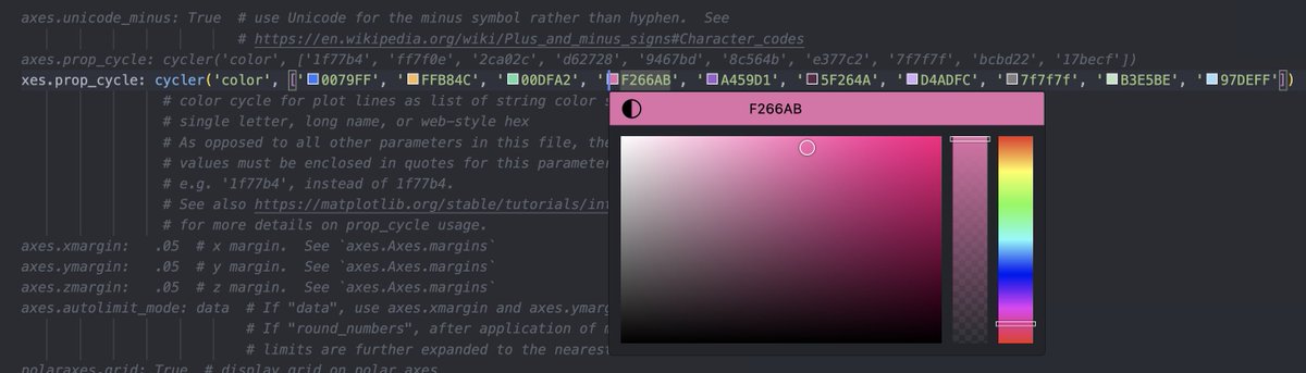 Just discovered this #vscode extension

✅Great for creating and/or modifying @matplotlib style sheets. 

✅Syntax highlighting and auto-completion are very nice

✅The color picker is an awesome tool when creating your own palettes 🎨

Link: marketplace.visualstudio.com/items?itemName…