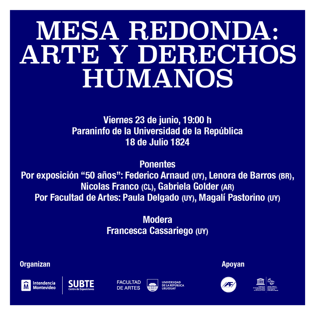 Udelaruy's tweet photo. ➡️ El viernes 23 de junio se desarrollará la mesa redonda «50 años – Arte y Derechos Humanos», organizada por Facultad de Artes y @CE_Subte. Participan artistas de Uruguay y la región junto a docentes de la Facultad.

⏰19h
📍Paraninfo de #Udelar

📲 Info: https://t.co/sf8zjX3FVl https://t.co/8tx40AbRcP