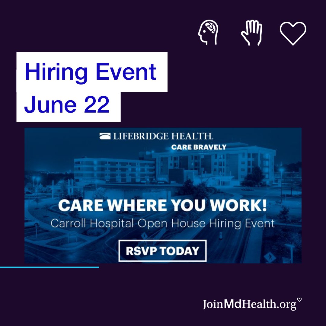 Tomorrow June 22 @LBHealth Carroll Hospital is hosting an open house hiring event from 11 a.m. - 3 p.m.

Check out all open positions at bit.ly/3nIh5TG.

#LifeBridgeHealth #CarrollHospital #Hiring #JobOpportunities #JoinMdHealth #healthcare #Maryland