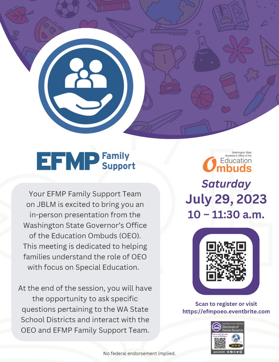 JBLMAFCS's tweet photo. Your EFMP Family Support Team is excited to bring you an in-person presentation from the WA State Governor’s Office of the Education Ombuds (OEO), with focus on Special Education. To register visit: https://t.co/01wzf1tzEJ https://t.co/kLm5wG7Qpm