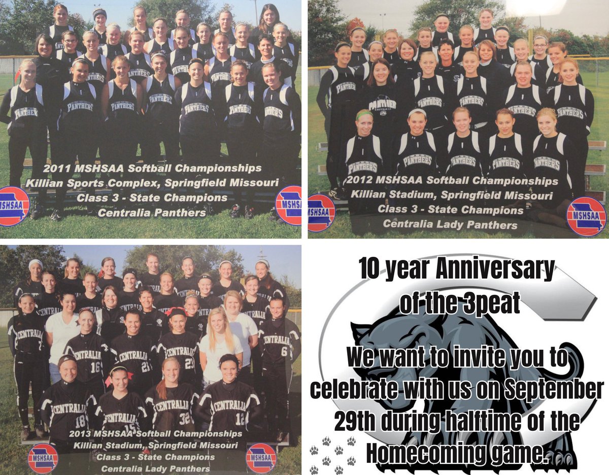 Attention all CHS past State 3peat Softball players…Centralia High School is holding a 10 year anniversary of your incredible accomplishment!! You are invited to join us on September 29 during halftime of the Homecoming Game at approximately 7:45.