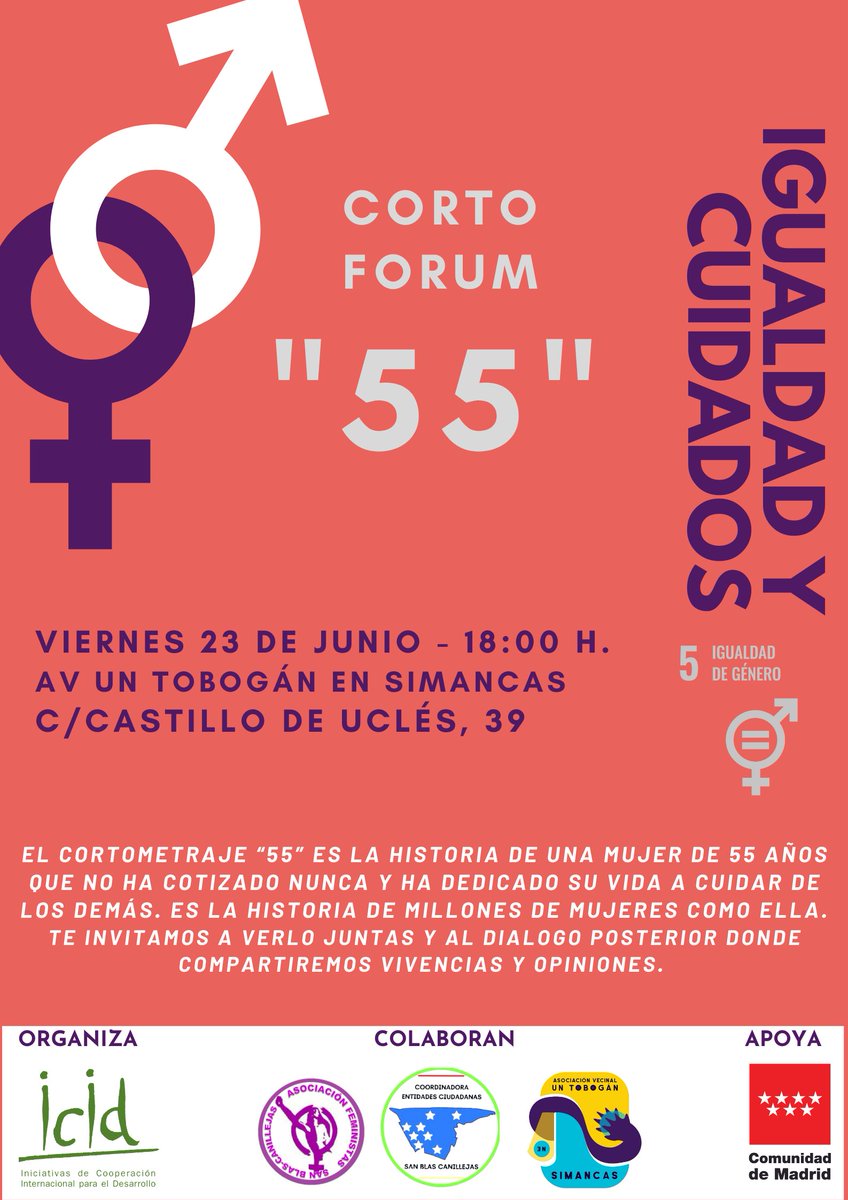 📢Atencion:
Este viernes tenemos otra súper actividad en San Blas Canillejas 👇

🎬 Veremos juntas el corto '55' para hablar de Igualdad ⚧️ y Cuidados 💜 #ODS5 

📍Dónde: C/ Castillo de Uclés 39. Local de @avtobosimancas
Lo hacemos de la mano de @FeministasSan y @CecSbc
¡Vente!