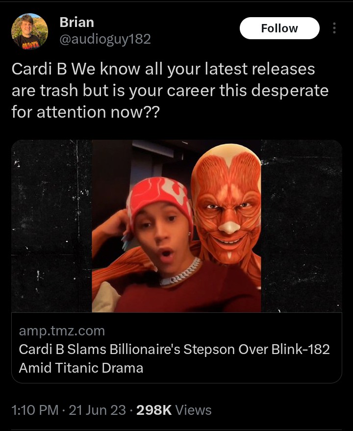 TYSRadio1's tweet photo. CARDI B gets called out by the BILLIONAIRE son BRIAN SZASZ, whose father is on the submarine  for CLOUT CHASING off his FAMILY name. https://t.co/KezgE236cc