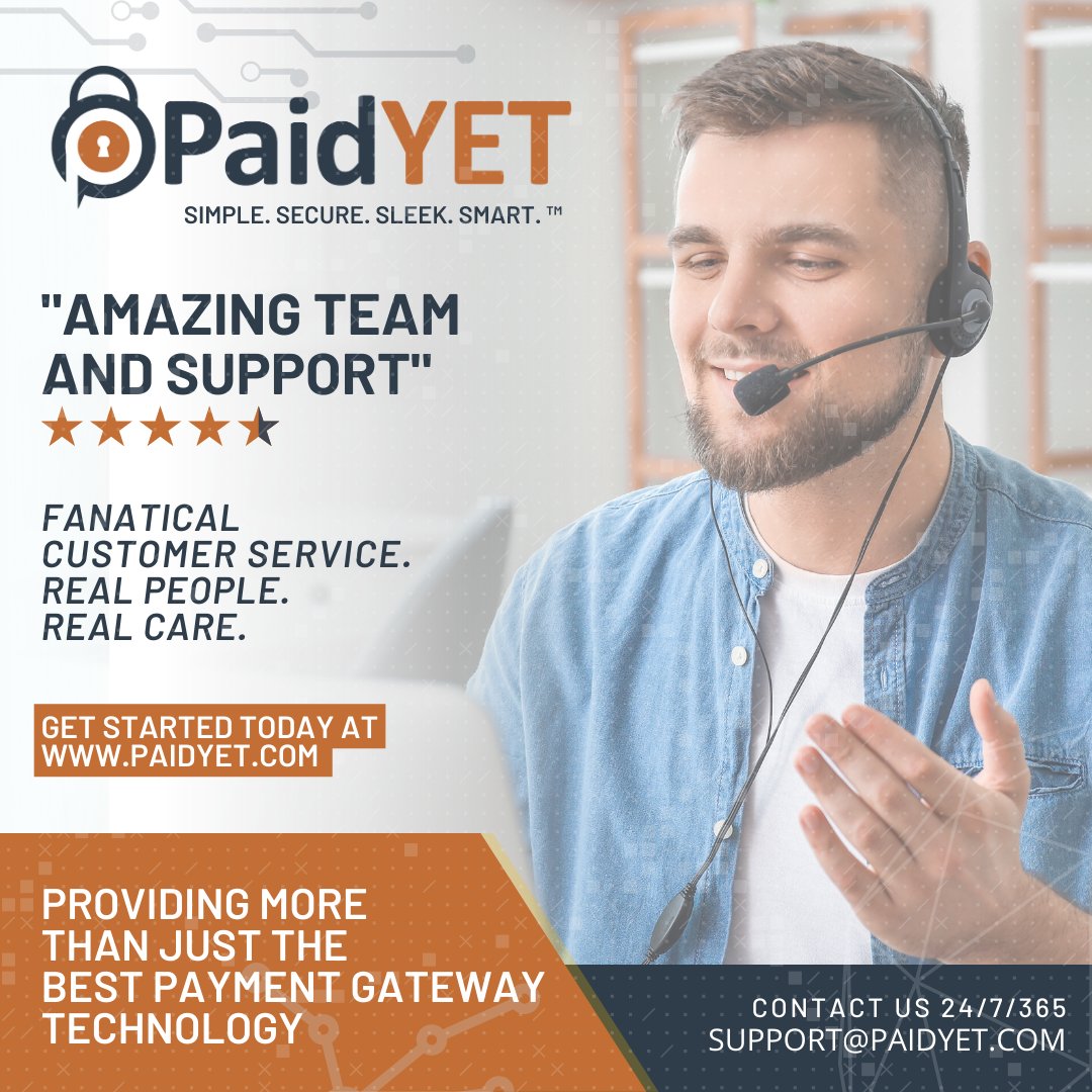 Our team is here, ready to help you. Partner with @paidyet and receive the personalized attention you and your valued customers deserve.

Get started today at paidyet.com.
👨‍💻💵💳🔐📈