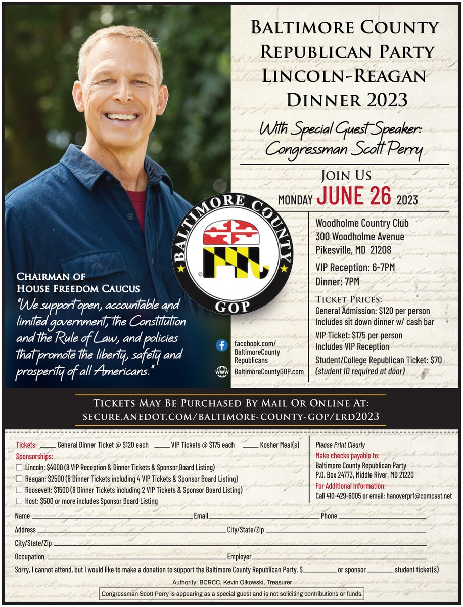 BmoreCountyGOP's tweet photo. There's still time to get your tickets for the Baltimore County Republican Party's Lincoln Reagan Day Dinner on Monday, 6/26, Woodholme County Club.  Rep. Scott Perry is our keynote speaker.
https://t.co/5P6INkub1d
For details email:  redmd4me@icloud.com https://t.co/9Pk87hSk9E