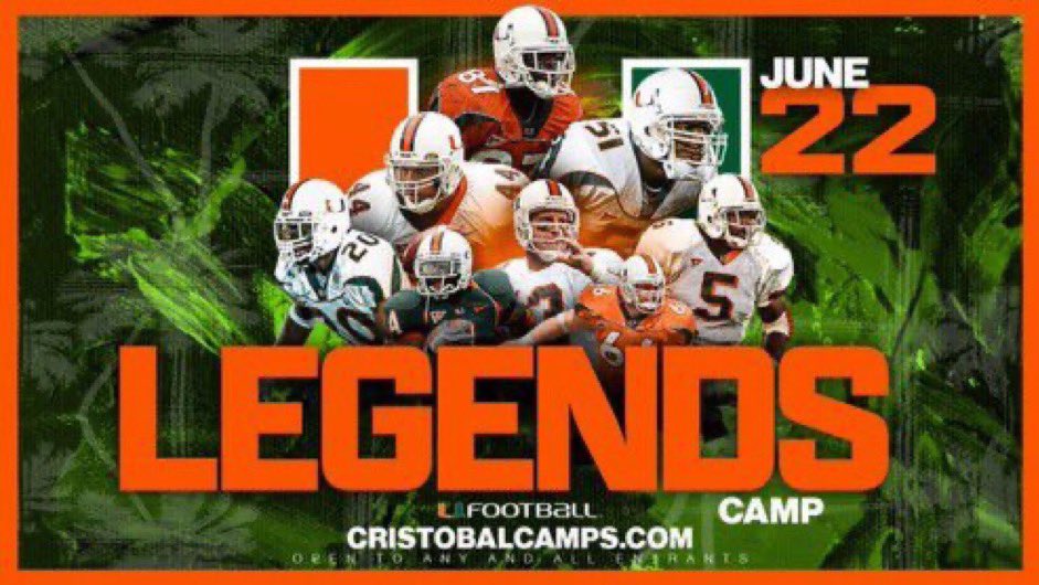 Looking forward to The Legends Camp @CanesFootball tomorrow🙌🏽@larryblustein @polk_way @CoachPop_Cooney @JerryRecruiting @GabyUrrutia247