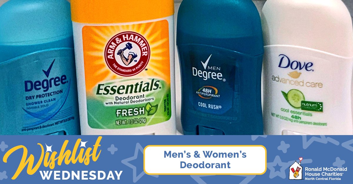 On this #WishlistWednesday, we're seeking donations of Men's & Women's Deodorants & Antiperspirants. 🌸🌿 These personal care items are essential in providing comfort to our families during their stay. Shop our list at bit.ly/rmhcncfwalmart. #KeepingFamiliesClose #forRMHC