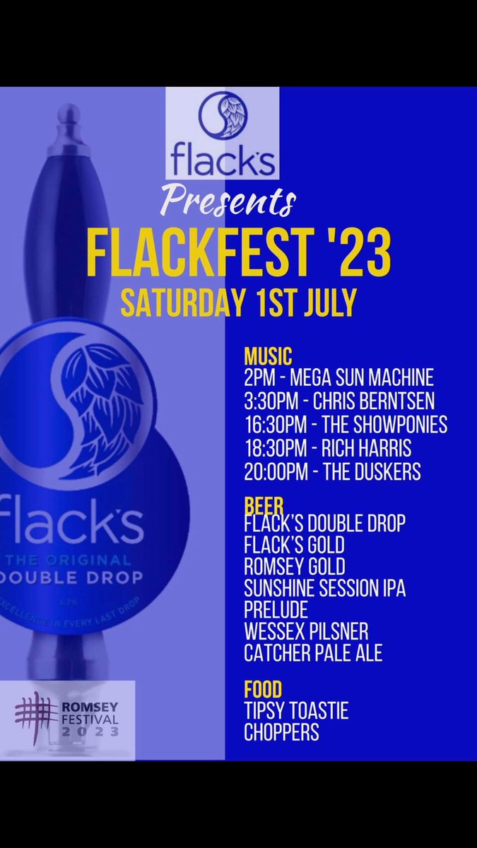 FlackFest ‘23 Saturday 1st July from 2pm

Music, food and yes beer at the brewery run by Romsey Festival sponsor Flack Manor

Should be fun

Check our website for details of all #RomseyFestival events
romseyfestival.org