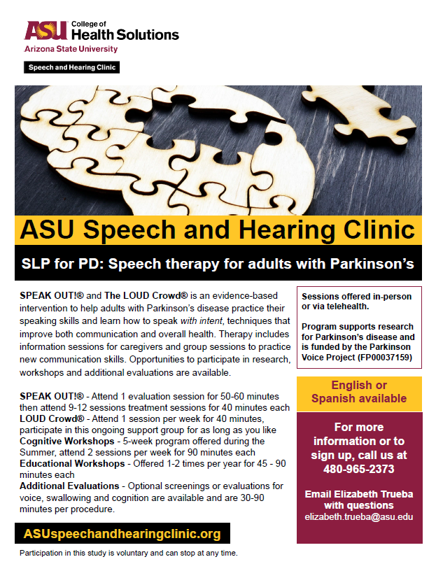 asuhealth's tweet photo. Do you know someone with Parkinson's disease? Our Speech and Hearing Clinic on @ASU's Tempe campus offers speech therapy, evaluations and more at no cost. English and Spanish options are available.

For more information or to sign up, please call 480-965-2373. https://t.co/gmflJscYLH