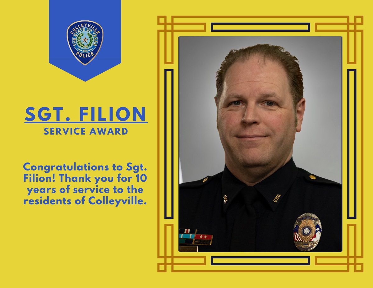 Join us in congratulating Sgt. Filion on his 10-year anniversary with the Colleyville Police Department! We are thankful for his commitment to our Department and for his service to the Colleyville community. #Colleyville #ColleyvillePolice #anniversary #congratulations #thankyou