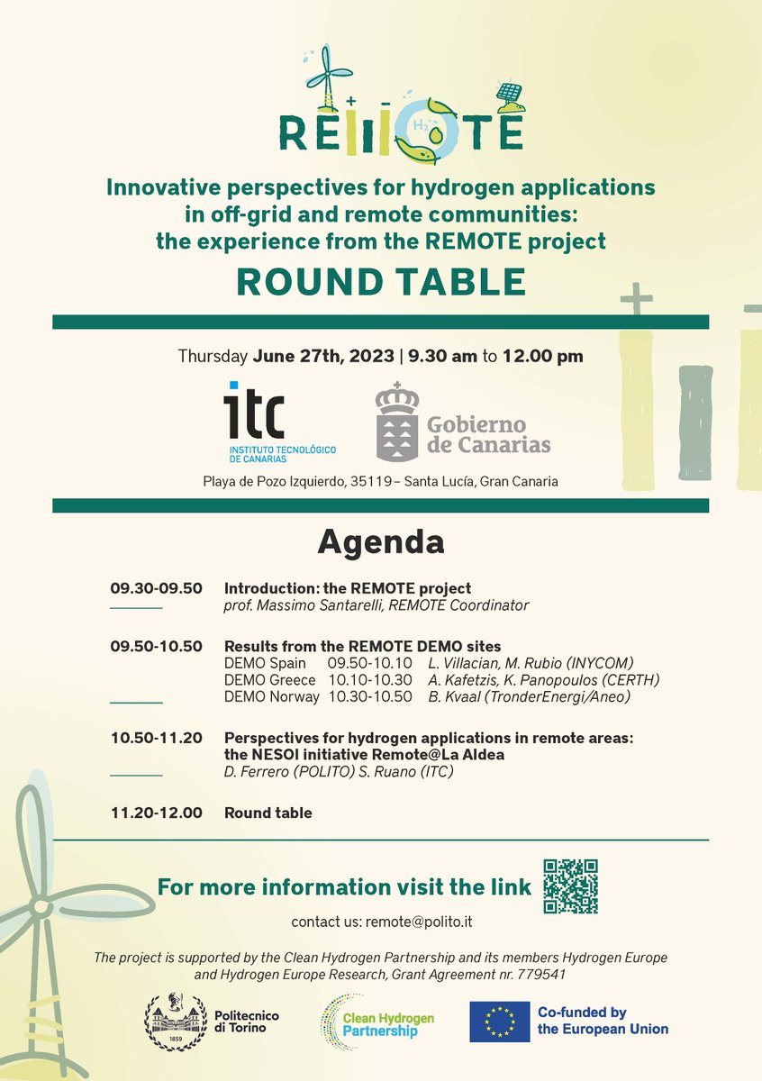 ITCCANARIAS's tweet photo. 🟢The EU-funded #REMOTEproject presents 3 DEMOs of fuel cells-based #H2 #EnergyStorage solutions installed in #Spain (Gran Canaria, La Aldea) #Greece (Agkistro) and #Norway (Froan Island)
🗓27.06.2023
📍ITC facilities. Gran Canaria
📩 To attend, send an email to: remote@polito.it https://t.co/ihGAUsQWb6
