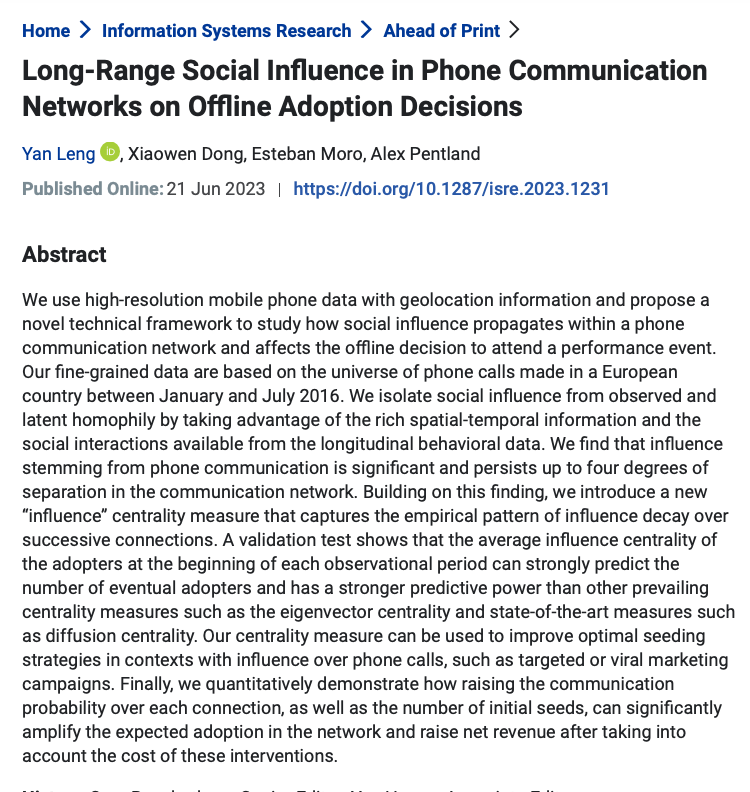 🚨New paper alert 🚨

Excited to share our recently published paper in Information Systems research, which investigates long-range social influence in phone communication networks. This work began during the early days of my PhD and it feels fantastic to finally see it in print.