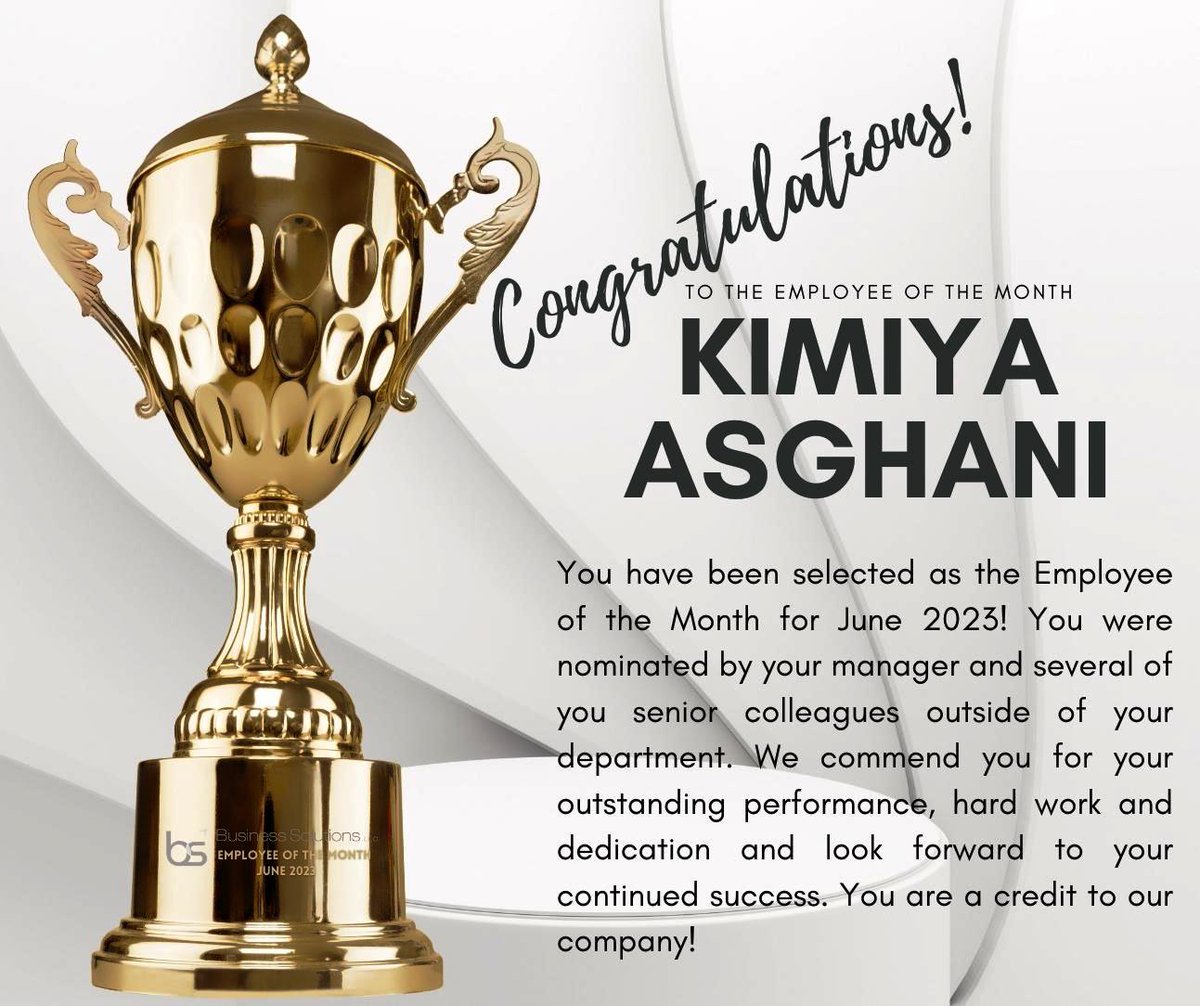 Congratulation to our colleague, Kimiya Asghani for being selected as the #EmployeeOfTheMonth for June 2023!