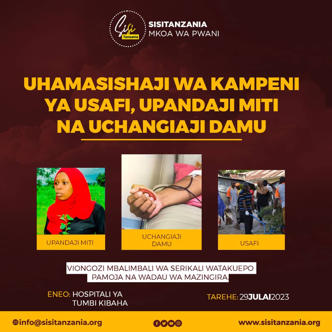 Tarehe 29 Julai 2023 SisiTanzania Mkoa wa Pwani imeandaa Kampeni ya Usafi, Upandaji Miti na Uchangiaji Damu itakayo fanyika Hospistali ya Tumbi Kibaha.

#ChangiaDamuOkoaMaisha
#KijanaOngeaNaMwenzio
#SisiTanzania