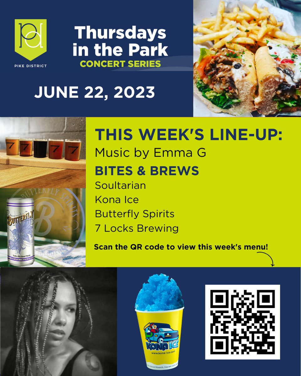 Pike District (@pike_district) on Twitter photo We're just ONE sleep away from the best night of the week! Join us tomorrow for #ThursdaysinthePark featuring <a href="/EmmaGmusic/">Emma G</a>, <a href="/SoulTarian/">SoulTarian</a>, <a href="/7LocksBrewing/">7 Locks Brewing</a>, and more!
Click here to view this week's menu and pre-order: ow.ly/a0S250OUhRT We're just ONE sleep away from the best night of the week! Join us tomorrow for #ThursdaysinthePark featuring <a href="/EmmaGmusic/">Emma G</a>, <a href="/SoulTarian/">SoulTarian</a>, <a href="/7LocksBrewing/">7 Locks Brewing</a>, and more!
Click here to view this week's menu and pre-order: ow.ly/a0S250OUhRT