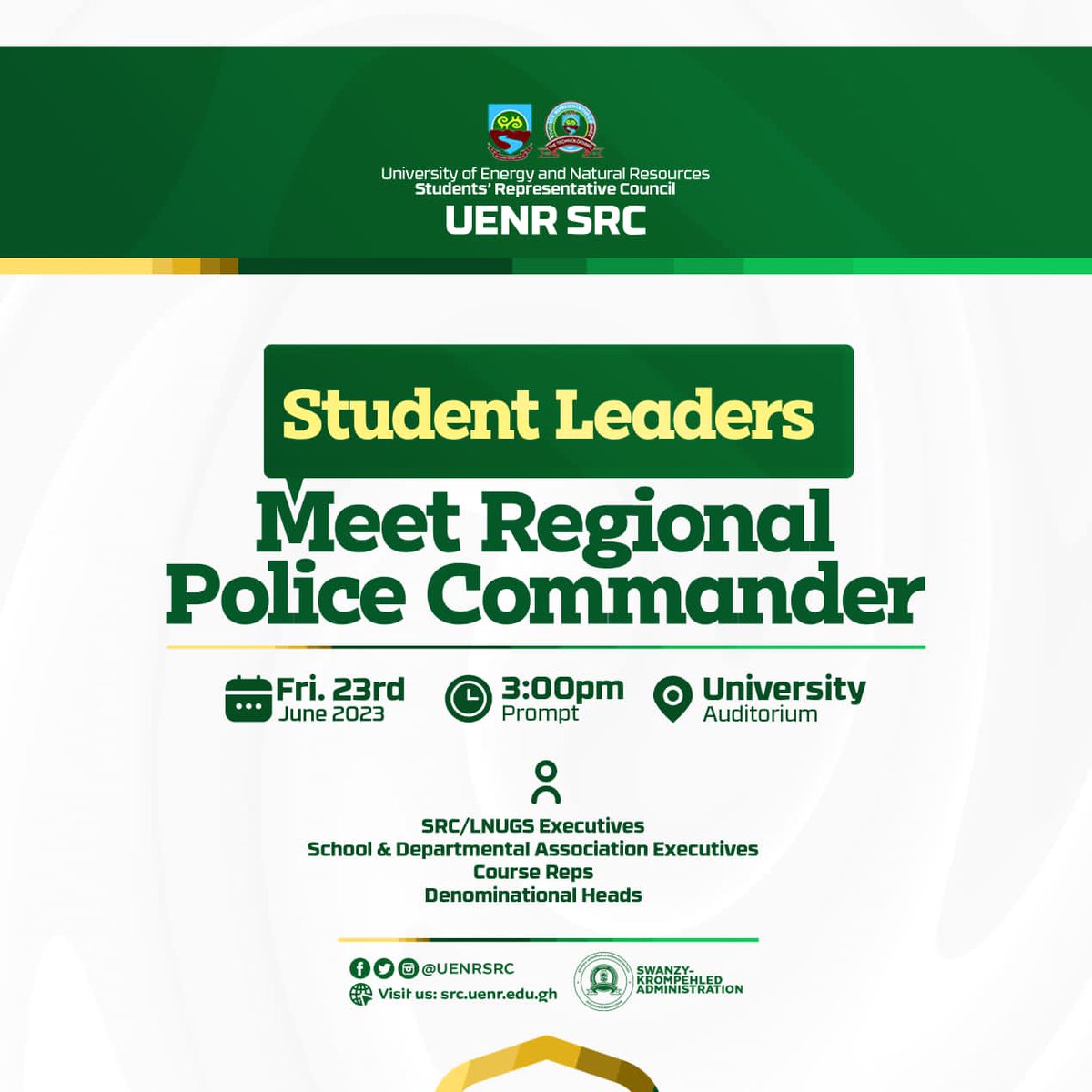 UenrSrc's tweet photo. 📍STUDENT LEADERS MEET REGIONAL POLICE COMMANDER📍

- The attendance of all Student Leaders is of utmost importance, as key matters will be discussed.

#ChangingTheGame https://t.co/4DV7SunAqk