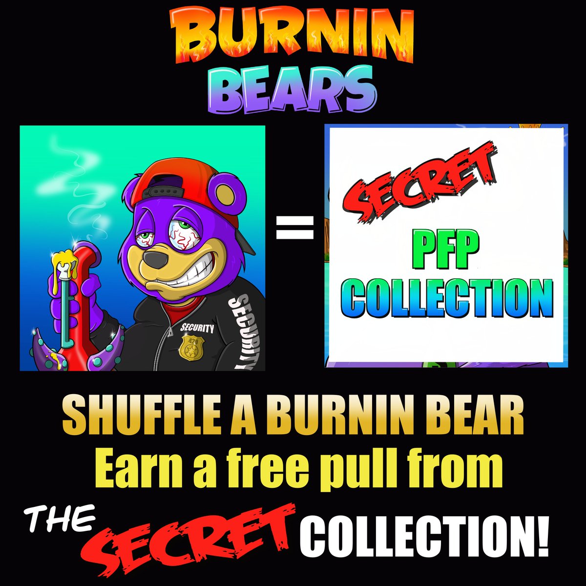 NFTSandMan's tweet photo. Don't forget for every Burnin Bear you shuffle you'll get a  pull from the Secret Collection! Only Bear shufflers will have access to shuffle the Secret collection. One of the ways we say thank you for the support! https://t.co/Wq47yNC8sa https://t.co/wKhVM6RTt6