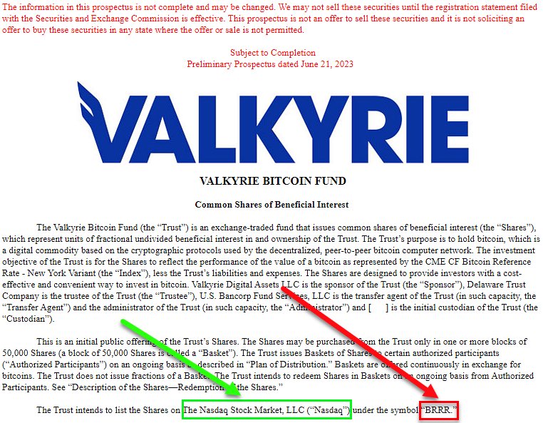 KEIN WITZ: Valkyrie hat seinen #Bitcoin Spot ETF Antrag geändert. Er soll nun über den NASDAQ laufen. 

Außerdem ist das Ticker Symbol jetzt „BRRR“ 🤣