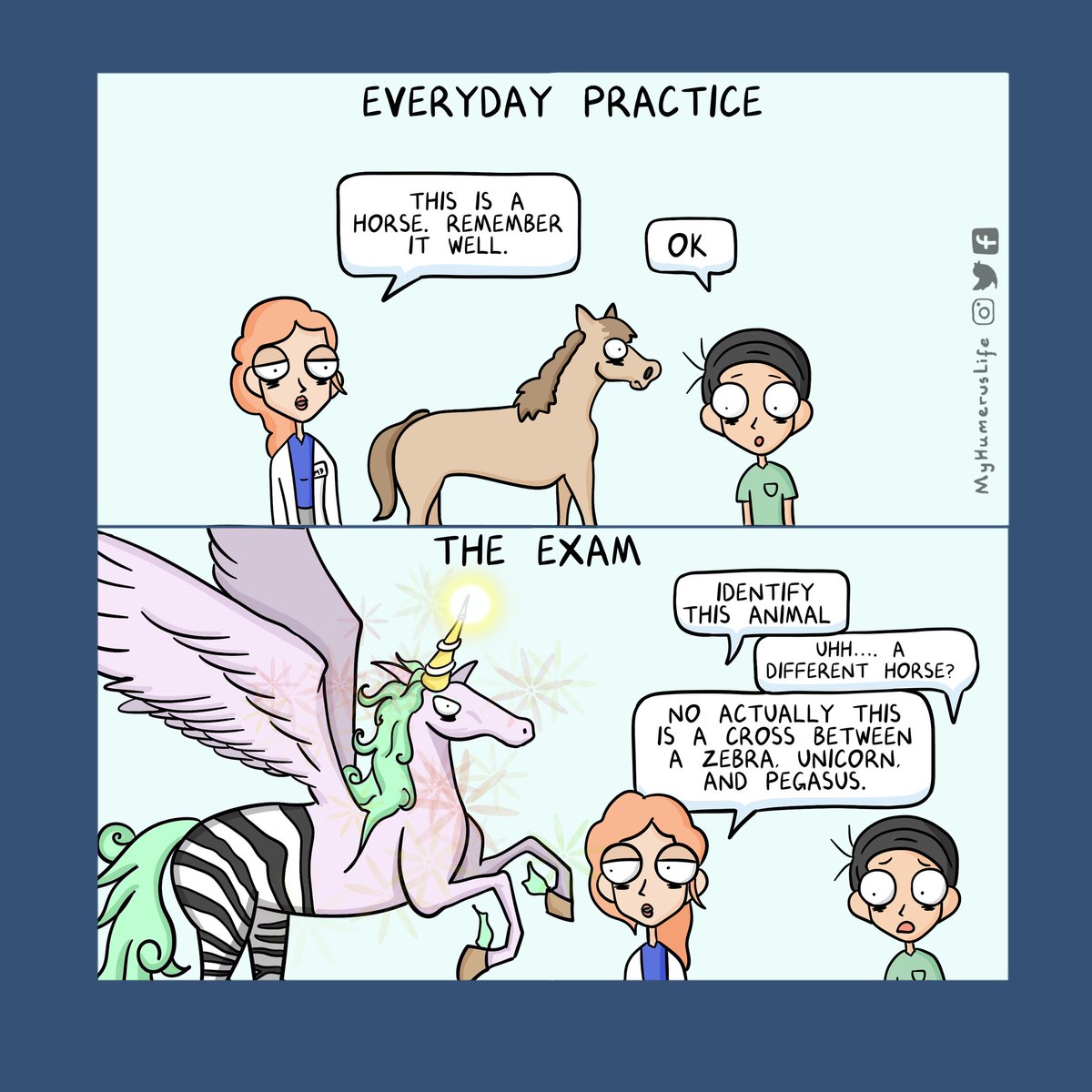 Practice versus exam...

#medtwitter #radtwitter #medschool #premed #exam #studying #medicine #doctor #webcomic  #premed #radiology #radiography #unicorn