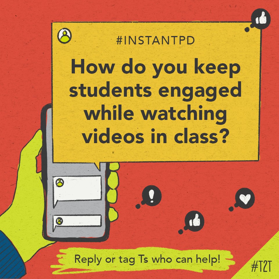 teacher2teacher's tweet photo. How do you keep Ss engaged 🤔 while watching videos 🎥 in class?

T @jeremyajorg wants to know your favorite tips and tricks for boosting #StudentEngagement – share them below! 👇

#InstantPD #EdChat #TeacherTwitter #HackLearning https://t.co/XXoVlDMw7U