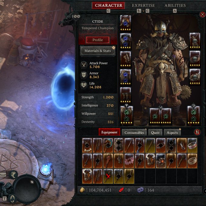ctide's tweet image. apparently this needs to be tweeted with @Diablo in it to count for the lilith statue contest. hit 100 in #Diablo4Hardcore last week, battle.net id: ctide#1676. screenshot of char w/ tempered champion title