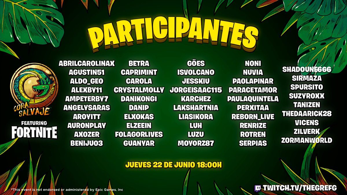 🏆🐉 ¡50 PARTICIPANTES CONFIRMADOS PARA MI TORNEO DE FORTNITE "COPA SALVAJE"! 🐉🏆

⏰ Mañana a las 18:00 ⏰

¡Necesito otros 50! Contestad a este tuit si queréis participar o etiquetad al streamer que no puede faltar.

Suerte! 😘