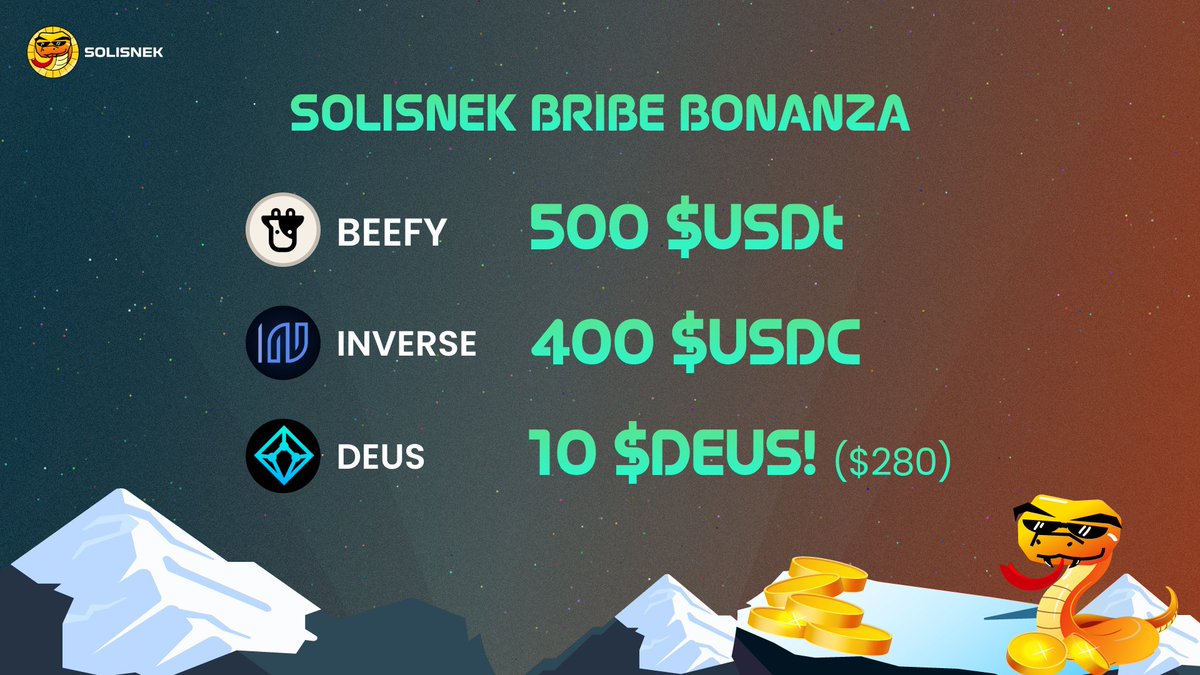 solisnekfi's tweet photo. New week, new #SoliSnek Bribe Bonanza! Starting with some juicy bribes from @beefyfinance, @InverseFinance and @DeusDao! 🔥

500 $USDC -> $WAVAX/ $BIFI
400 $USDT-> $DOLA/ $USDC 
10 $DEUS -> $WAVAX/ $DEUS ($280)

Lock $SNEK and vote now! 👇
https://t.co/N1PBf8GhEh https://t.co/hHoR3uLltR