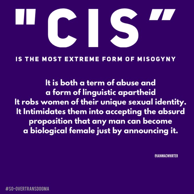 @EFEnoticias Mujer CIS o cisgénero es un insulto porque convierte a las mujeres en subcategoría de su propia categoría sexual donde también hay hombres. Es una imposición  que rechazamos. 
#CISOff