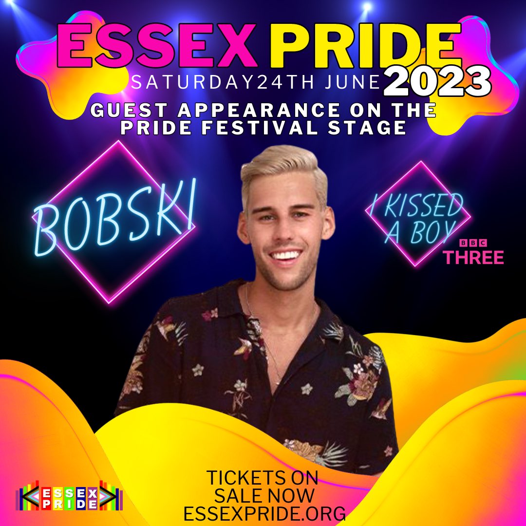 Making a special guest appearance at Essex Pride!! It’s @bobski7 from BBC’s “I Kissed A Boy” Bobski is proudly supporting the Essex Pride march and will be joining us at the pride Festival in Central Park. 🏳️‍🌈🏳️‍🌈 Grab your tickets at essexpride.org #ikissedaboy