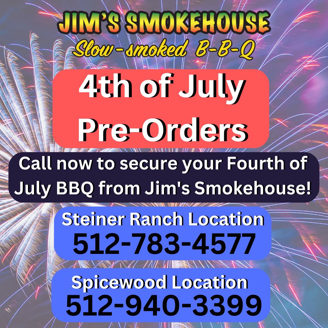 Get your 4th of July Orders in now! 
•
#bbq #austin #texas #foodtruck #bbqfood #bbqseason #ribs #turkey #yum  #smoked #smokedmeats #texasbbq #bbqlife #goodtimes #atx #texashillcountry #austintx #lakewaytx #barbecue #texasbarbecue #familyrecipe #fourthofjuly #4thofjuly