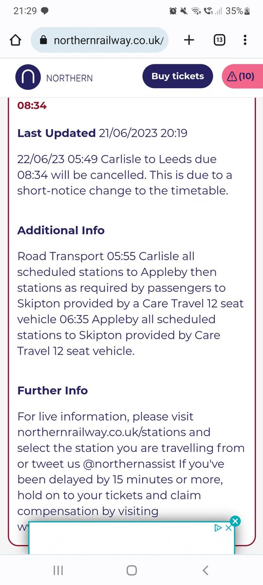 LibbyClarkLeeds's tweet photo. @northernassist This screen shot on the Northern website suggests a replacement bus from Carlisle to Appleby. Can you confirm please that this will run. https://t.co/3DSTmJep5o
