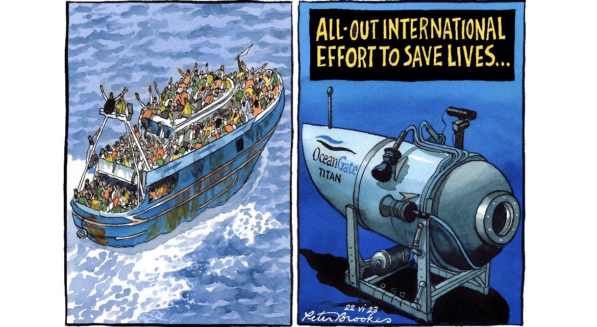 Super cartoon by <a href="/BrookesTimes/">Peter Brookes</a> exposing the power and flaw of modern media. Why concern yourself with the daily migrant crisis when you can read about an unknown billionaire at the bottom of the ocean ?