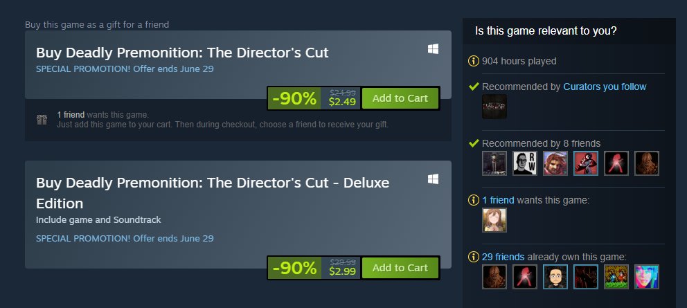 redseedsprofile's tweet photo. Hey guys Deadly Premonition: The Director's Cut PC port is 90% off on Steam right now!  (your mileage will vary. It's works on my PC but it might not work for yours) https://t.co/qLtpX0hJU9 https://t.co/Xl0xu2PnMr