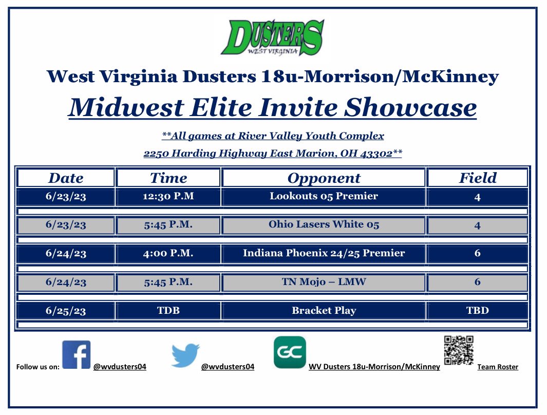 TaylorMathie's tweet image. Dusters will be in Marion, OH this weekend, this is when you can find us in action!! @SoftballRio @ShawneeStateSB @Coach_TravisSSU @HerdSB @MiamiOH_SB @CoachFentonBG @OhioBobcatSB @UPIKE_softball @LegacyLegendsS1 @barton_softball @ExtraInningSB @WVDusters04 @wvdusters