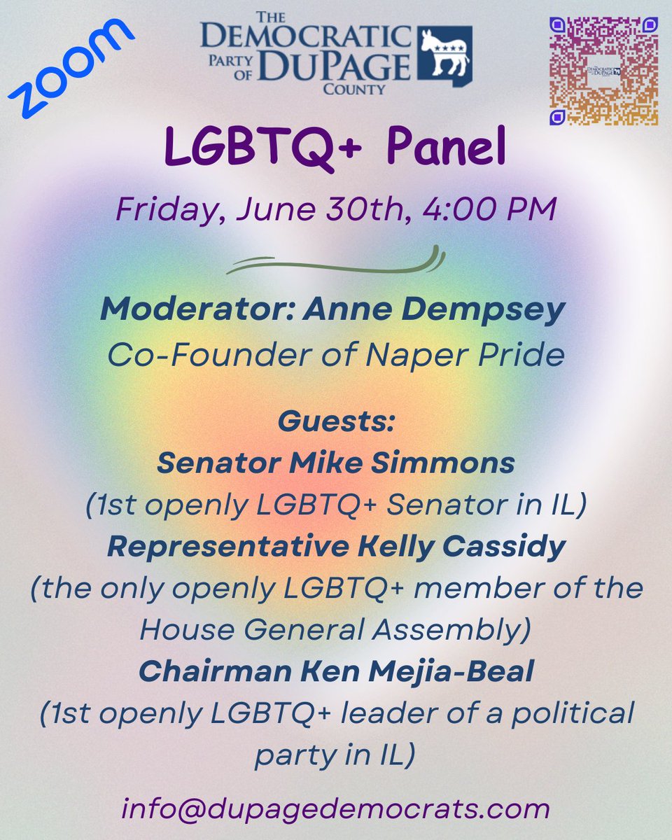 demsindupage's tweet photo. Join us for a virtual LGBTQ+ panel hosted by Anne Dempsey, founder of @NaperPride. Guests: @SenMikeSimmons, @ILRepCassidy and @kmbforDuPage. 
https://t.co/uhOZHxYAIp https://t.co/iYcaPvqiym