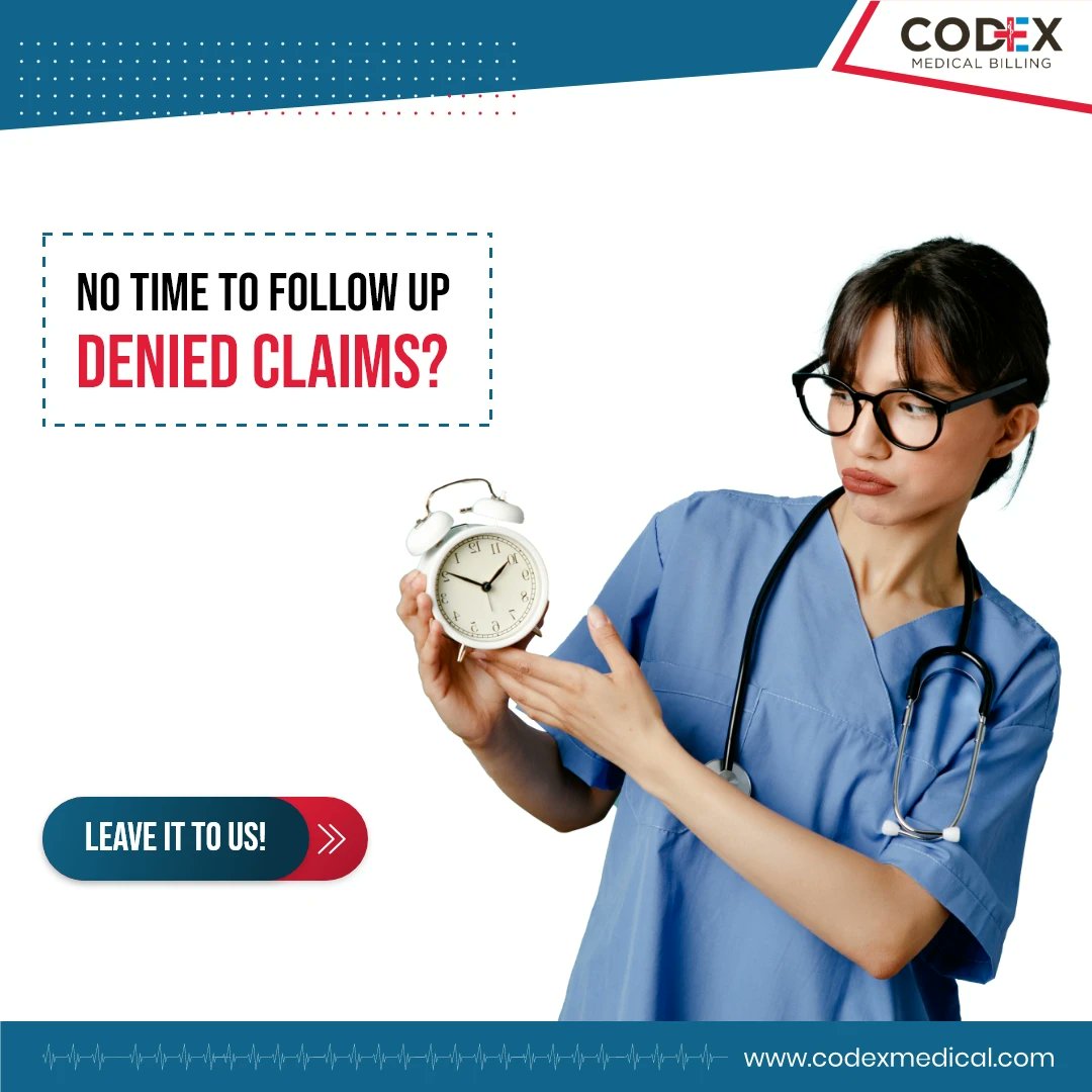 Codexmedical's tweet image. Forget to follow up on denied claims every time and face revenue loss?
Let us take care of that!

Visit our website: codexmedical.com
Or Call NOW for a #FREECONSULTATION: (800) 886-5727

#AccountReceivables #InsuranceDenials #RCM