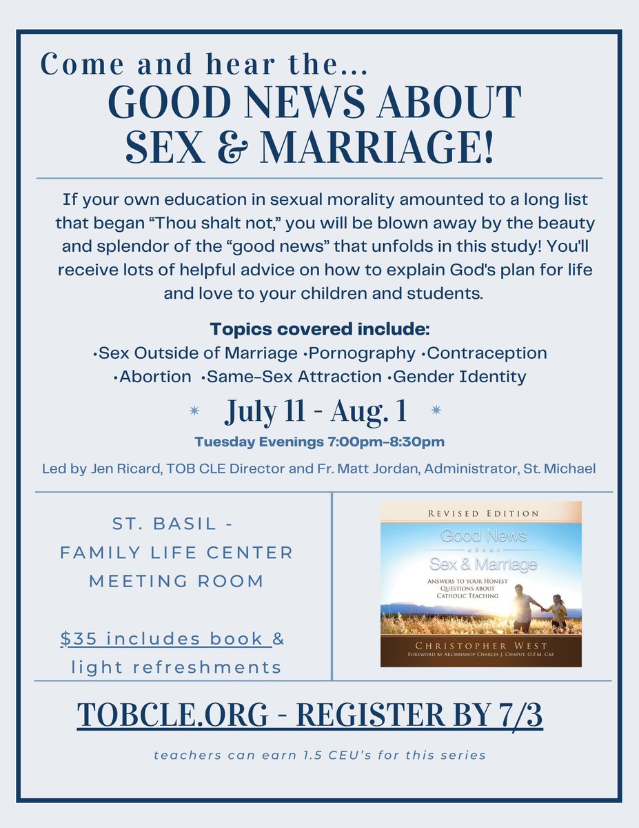 stbasilthegr8's tweet photo. A clear, faithful, and compassionate guide to some of the most mystifying parts of life - sex and marriage!  Register at https://t.co/L4cQMWXBkg https://t.co/bTcn2l83LZ