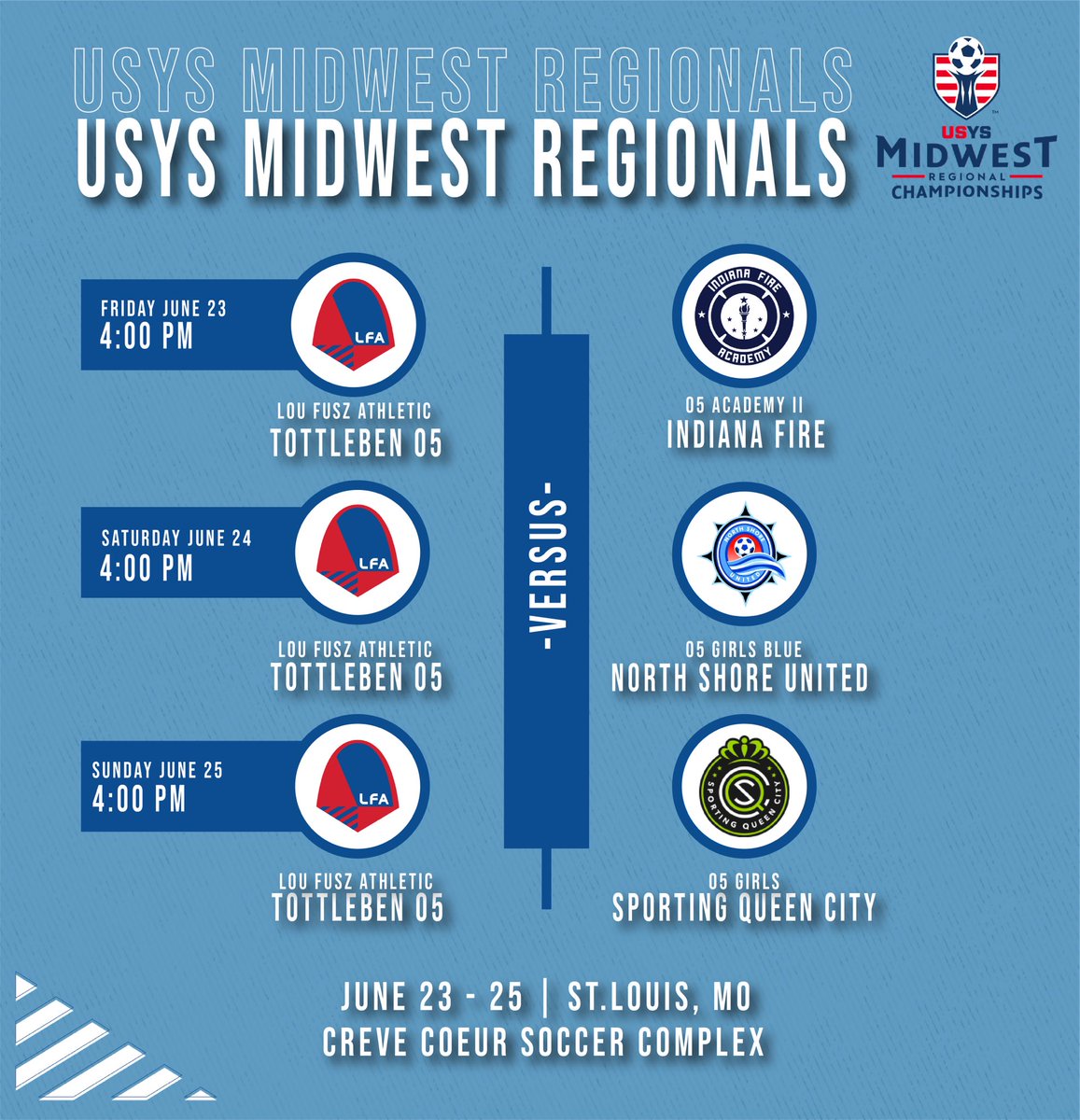 LFA_Tottleben's tweet photo. 𝙐𝙎𝙔𝙎 𝙈𝙞𝙙𝙬𝙚𝙨𝙩 𝙍𝙚𝙜𝙞𝙤𝙣𝙖𝙡𝙨 ⏭️

The road to nationals begins now…we kick off our weekend with 3 USYS Midwest Regional group play games held right here in St.Louis!

🗓️ June 23-25
📍 St. Louis, MO
🏟️ Creve Coeur Soccer Complex

@LouFuszSoccer | #RoadtoFL https://t.co/HUTAN3ub9G