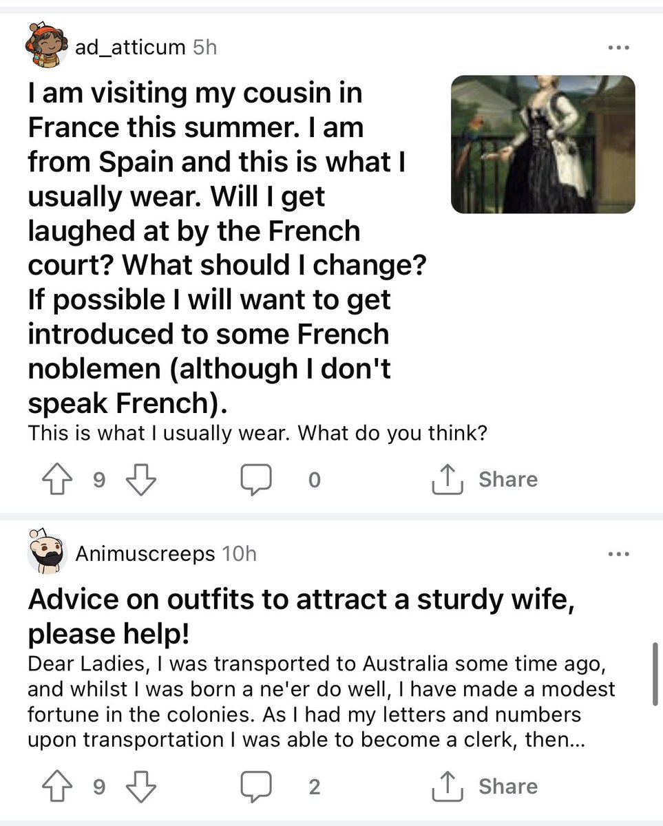 katefeetie's tweet image. the female fashion advice subreddit has reopened but remains in protest so all the posts have to be about 1700s fashion now