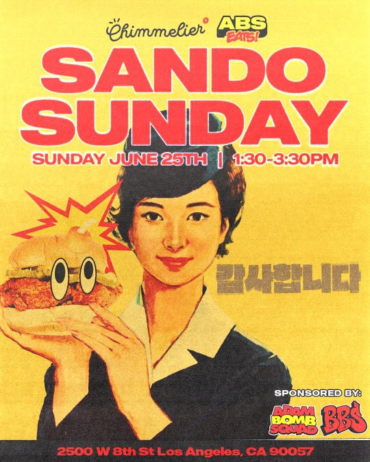 AbsEats's tweet photo. Hey everyone we have a special Sando Sunday event at Chimmelier and you are invited!

Please see threads for more info. https://t.co/qMeAhuEG6L