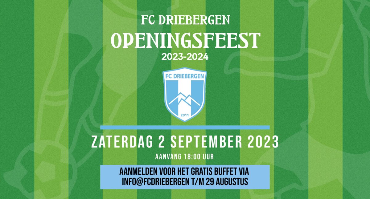 Het vorige feest moesten we helaas door te weinig aanmeldingen gedwongen afblazen, maar we hebben snel een nieuwe datum gepland. Pak je agenda en omcirkel de datum 2 september 2023. We zullen het nieuwe voetbalseizoen feestelijk gaan aftrappen met een

fcdriebergen.nl/aanmelden-eind…