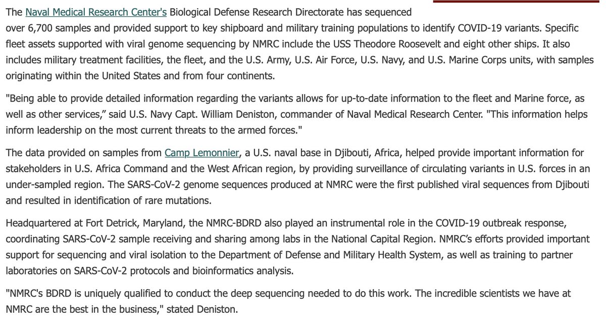 Samples from Camp Lemonnier a U.S. naval base in Djibouti, Africa.

The SARS-CoV-2 genome sequences produced at NMRC were the first published viral sequences from Djibouti and resulted in identification of rare mutations.
health.mil/News/Articles/…