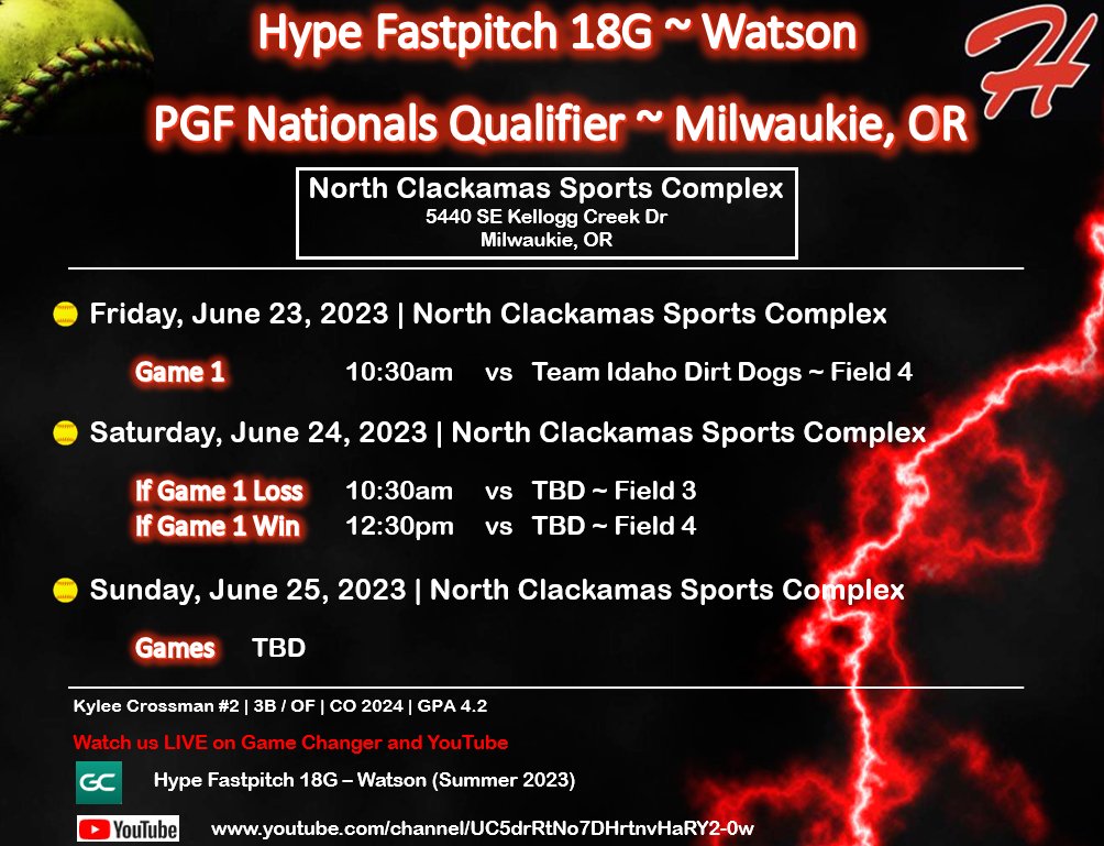 Kylee Crossman 2024 (@kyleecrossman24) on Twitter photo Headed to Milwaukie, Oregon for our PGF Qualifier! Livestream and Game Changer info is shown below. Play hard! No Limits! <a href="/CoachAJ10/">Coach AJ Robinson</a> <a href="/stef_ewing/">Stef Ewing</a> <a href="/ChicoStateSB/">Chico State Softball</a> <a href="/angelshamblin/">Angel Shamblin</a> <a href="/cyrena_taylor/">Cyrena Taylor</a> <a href="/SSUsoftball/">SSU Softball</a> <a href="/SFState_SB/">SF State Softball</a> <a href="/Jessup_SFT/">Jessup Softball</a> <a href="/Hype18Gold/">Hype Fastpitch 18 Gold</a> Headed to Milwaukie, Oregon for our PGF Qualifier! Livestream and Game Changer info is shown below. Play hard! No Limits! <a href="/CoachAJ10/">Coach AJ Robinson</a> <a href="/stef_ewing/">Stef Ewing</a> <a href="/ChicoStateSB/">Chico State Softball</a> <a href="/angelshamblin/">Angel Shamblin</a> <a href="/cyrena_taylor/">Cyrena Taylor</a> <a href="/SSUsoftball/">SSU Softball</a> <a href="/SFState_SB/">SF State Softball</a> <a href="/Jessup_SFT/">Jessup Softball</a> <a href="/Hype18Gold/">Hype Fastpitch 18 Gold</a>