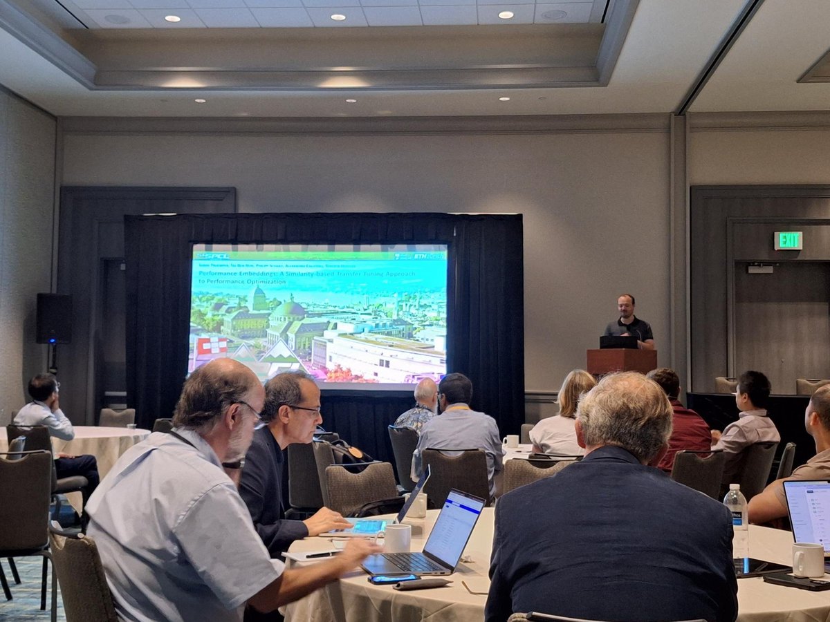 thoefler's tweet photo. Lukas talks about our work on Transfer Tuning at #ICS23 at #FCRC23 - how to optimize loop nests based on (embedding) vector similarity.
Embed your loop features and seacrh a database techniques to optimize similar loops, then apply the best known tuning strategy! #AI for #HPC https://t.co/nPCs5J5kcv