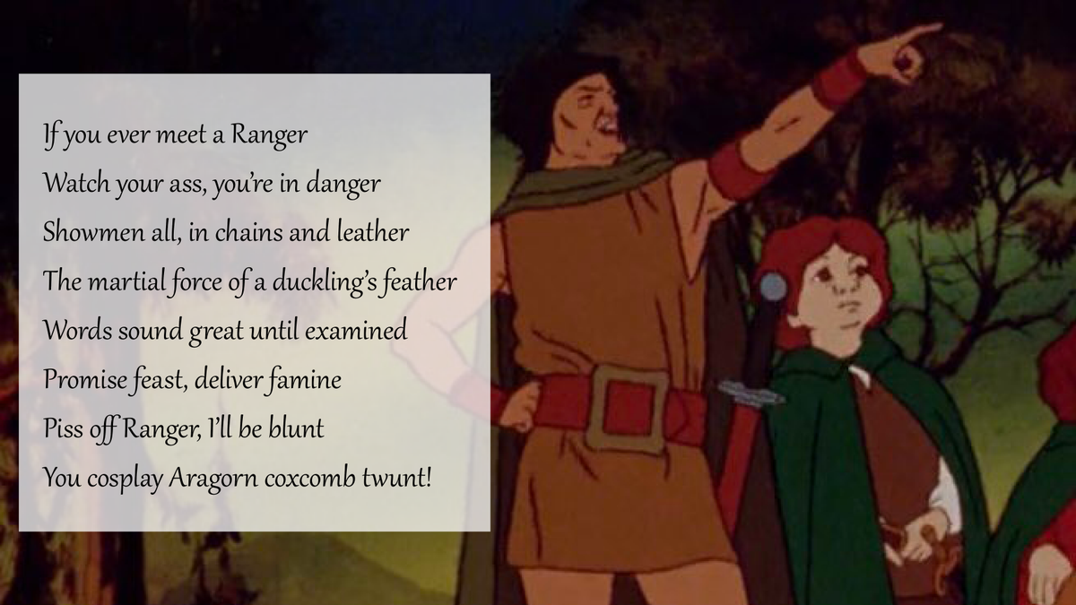 HalvarandC's tweet photo. Never trust the dandy in leather!

#TTRPGs 
#LOTR
#barbarianwisdom
#poetry https://t.co/nbFWM6tOWb