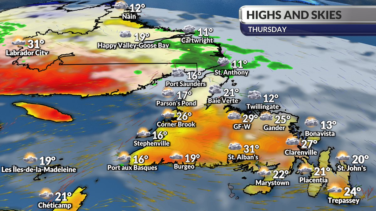 More heat forecast on Thursday with highs ranging from the mid 20s to low 30s away from onshore west/southwest winds. @chronicleherald @StJohnsTelegram @PEIGuardian @capebretonpost #NSwx #NBwx #PEwx #NLwx